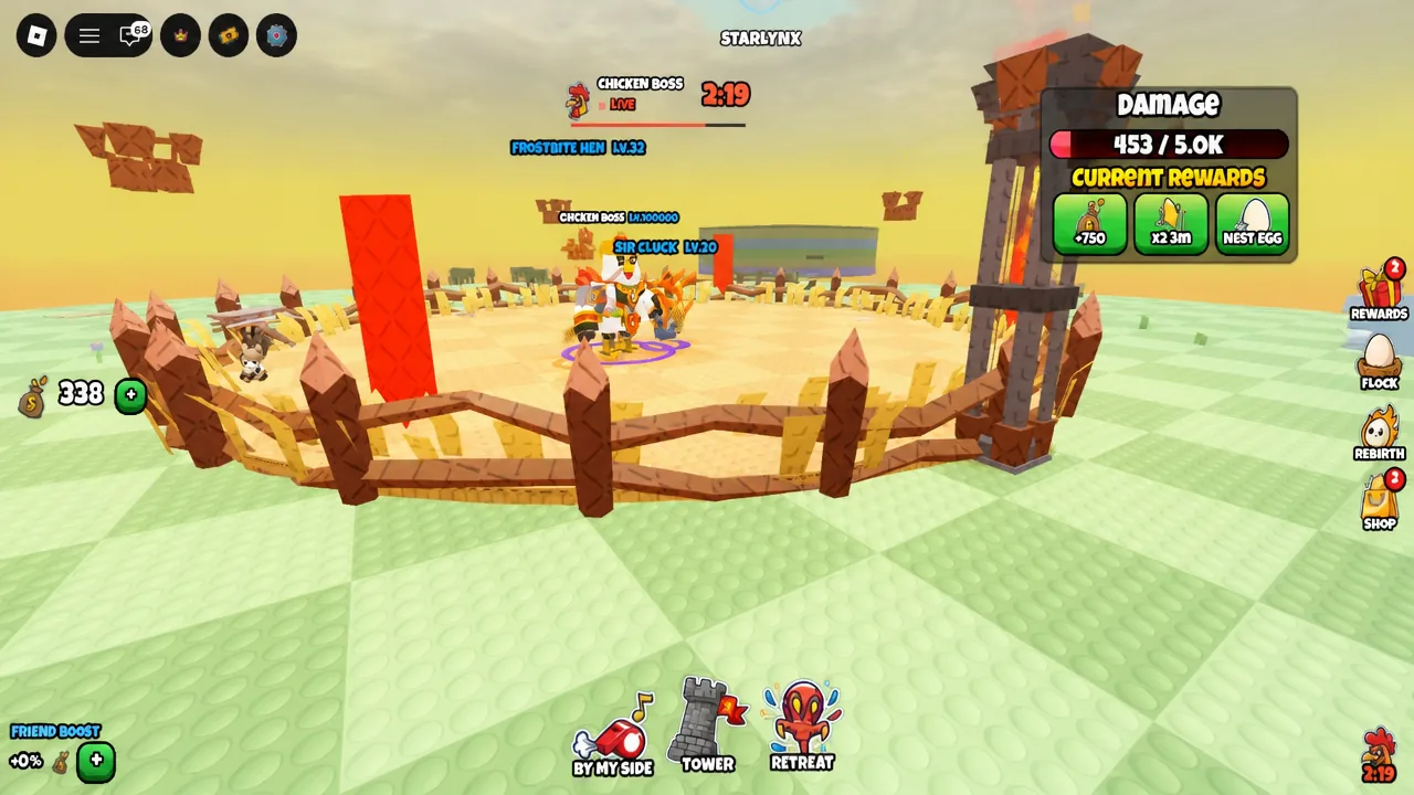 The Chicken Boss towering over the central pit while players attack it.