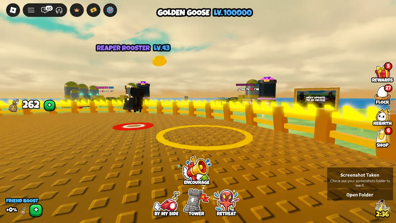 The arena viewed mid-event with an in-game screenshot confirmation and Open Folder prompt on screen.