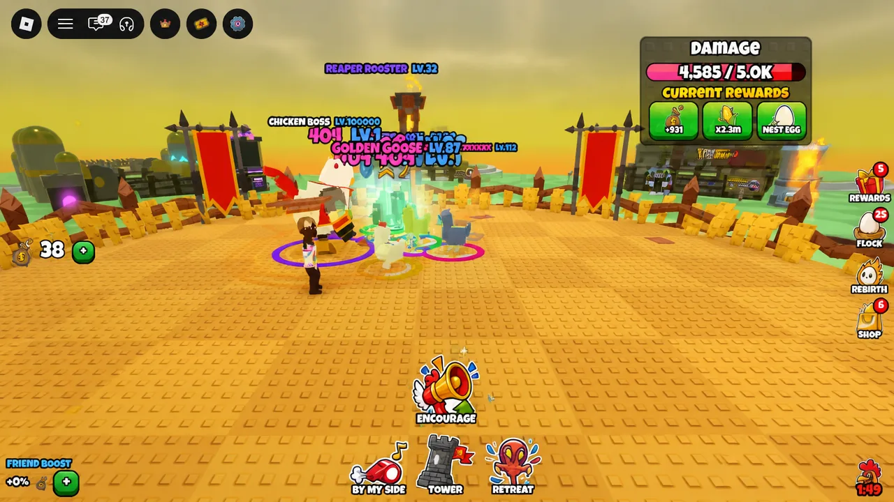 Damage tracker showing 4,585 of 75.0K progress against the Chicken Boss alongside the current reward list.