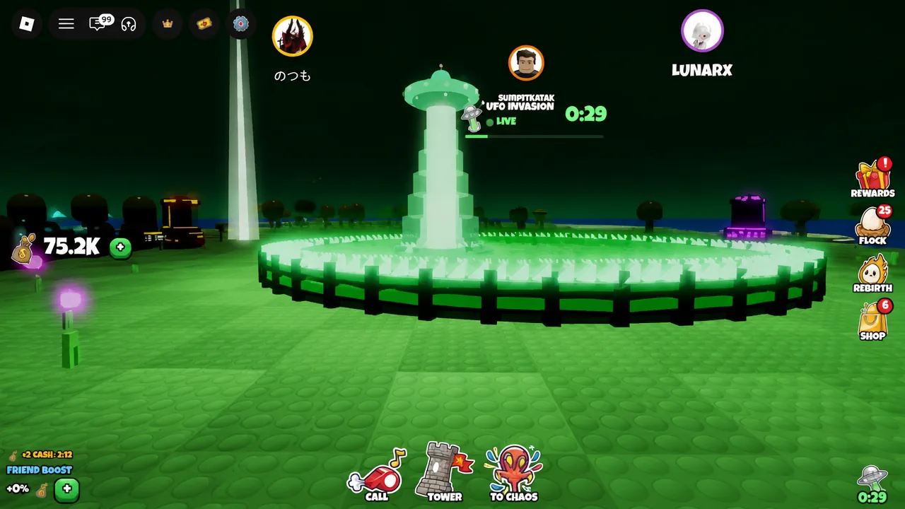UFO Invasion LIVE banner with a 0:29 countdown above the glowing central tower in the arena.