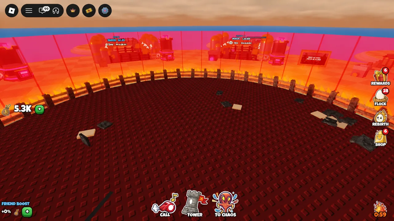 The arena platform with the Call, Tower, and To Chaos deployment buttons at the bottom of the screen.