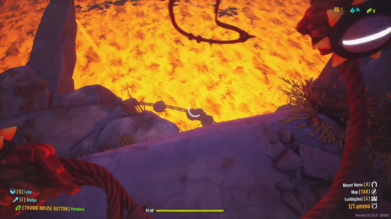 First-person view with the E Bridge prompt and a circular progress ring while crossing the lava bridge
