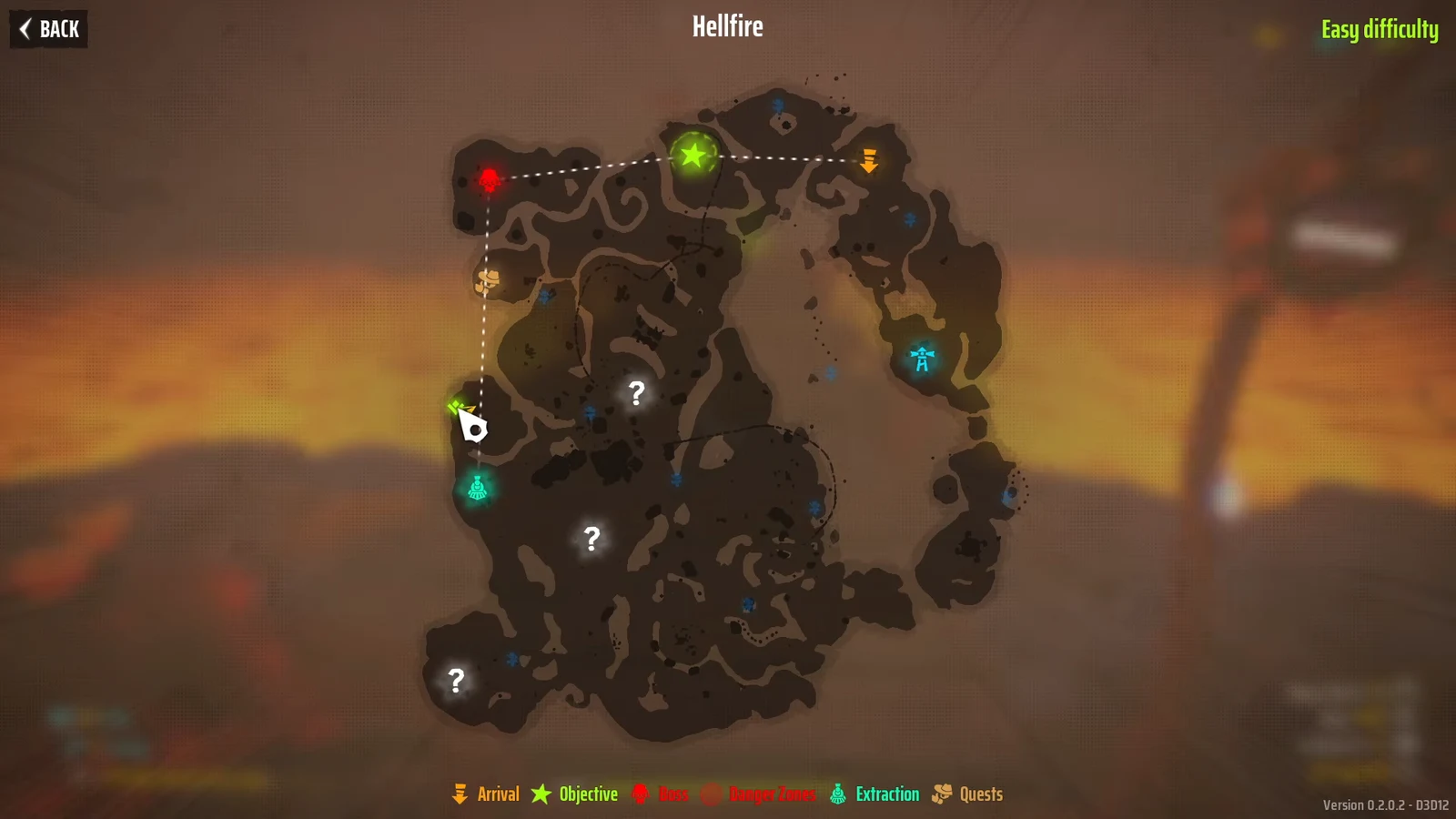 Hellfire map on Easy with the player marker and a dotted route running toward the green star objective