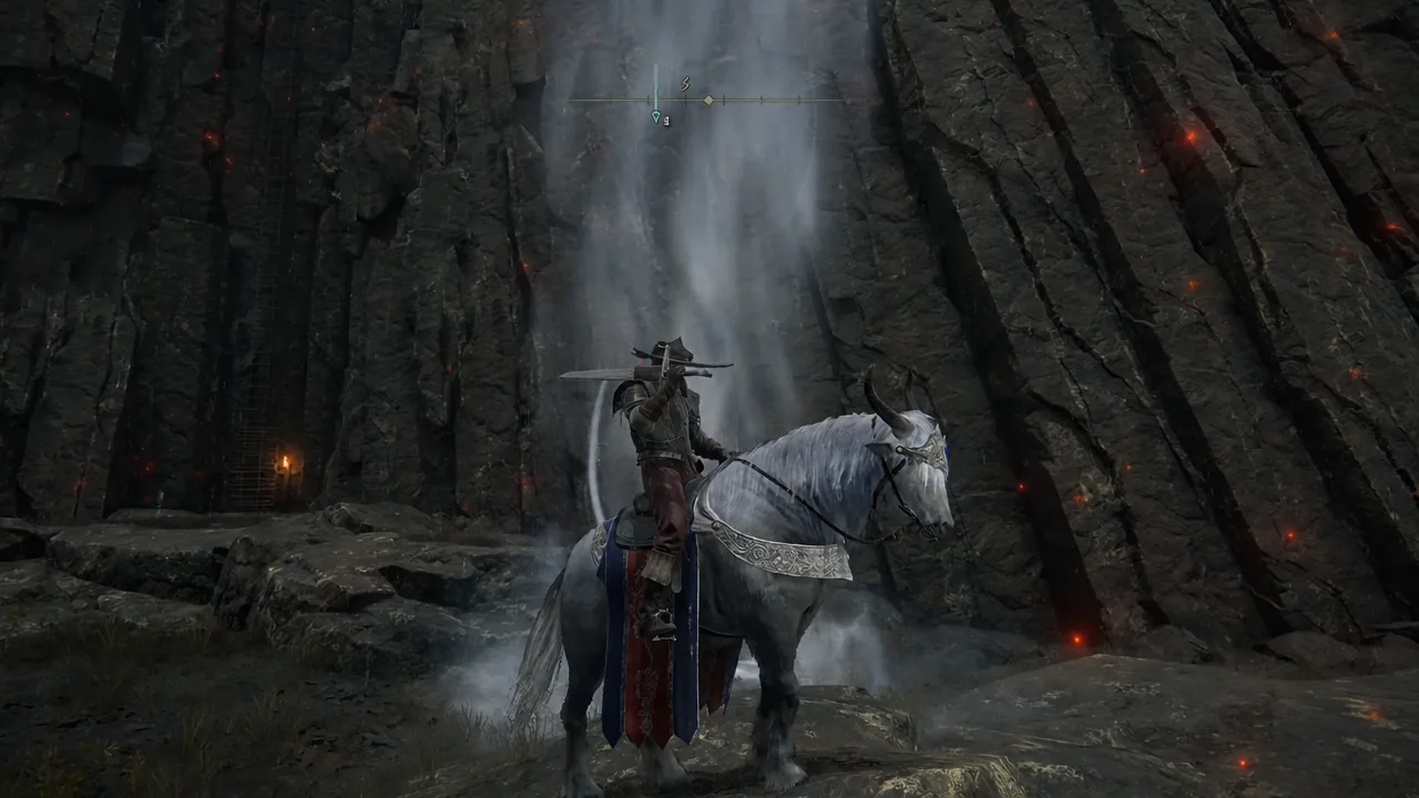 Player riding the spectral steed through a rocky waterfall cavern
