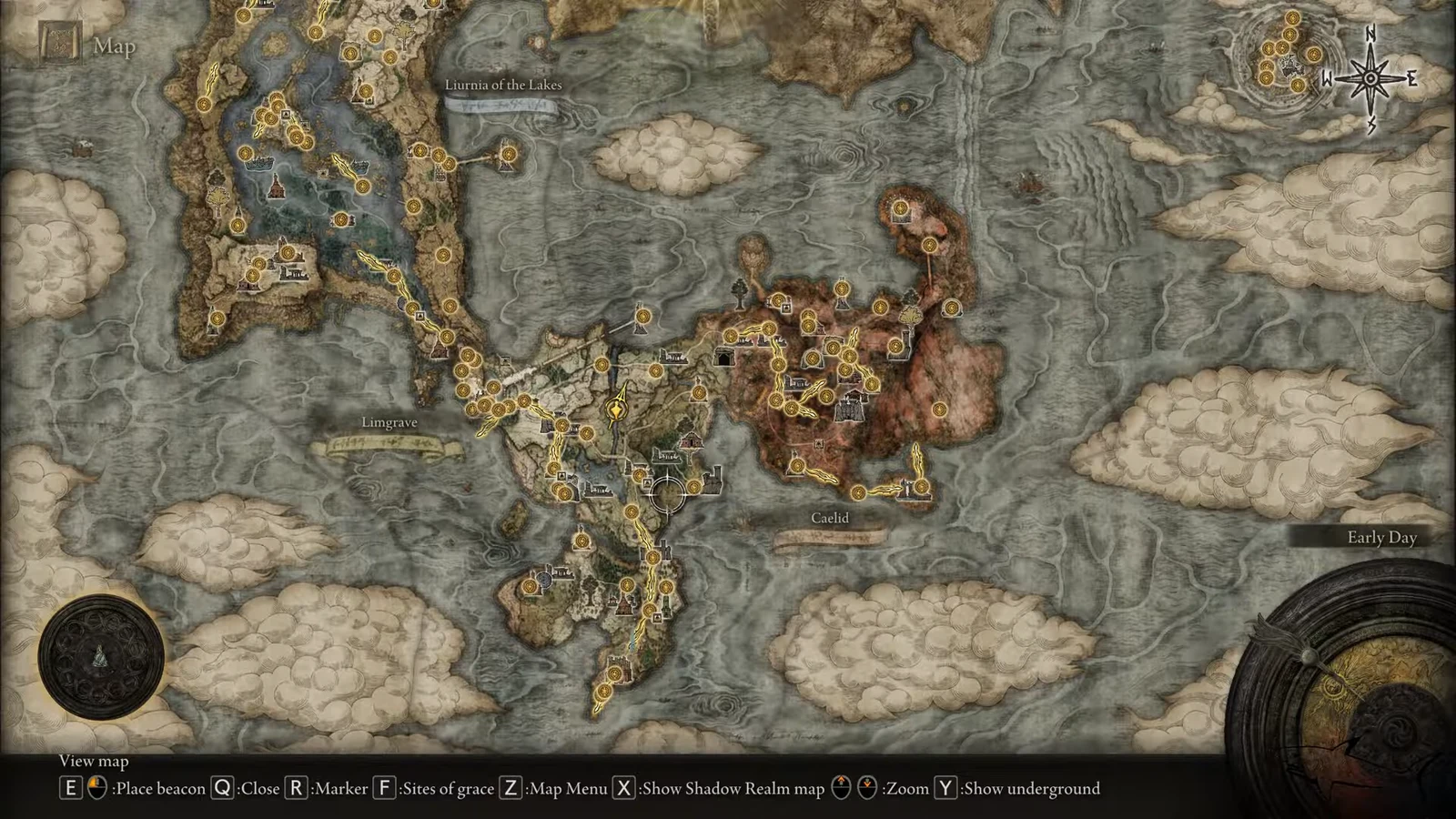 Elden Ring map screen showing Sites of Grace across Limgrave, Liurnia and Caelid