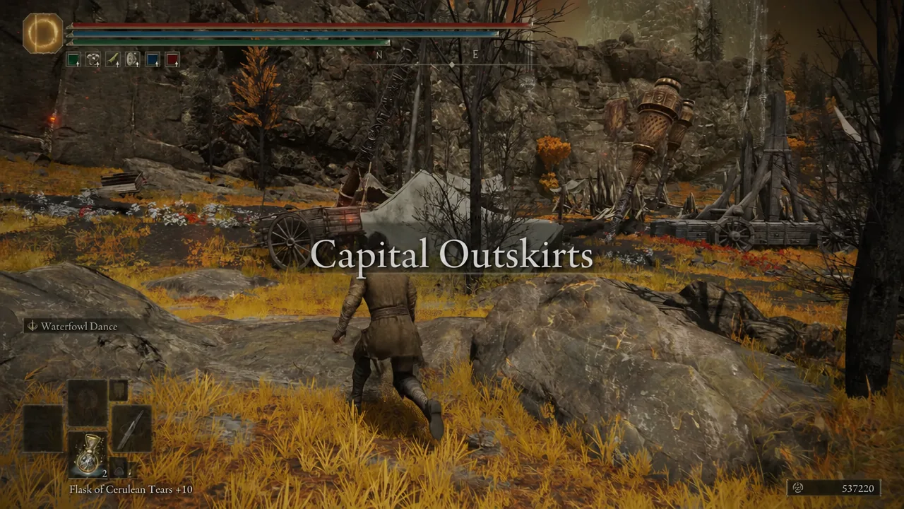 Capital Outskirts area title appearing as the player rides forward