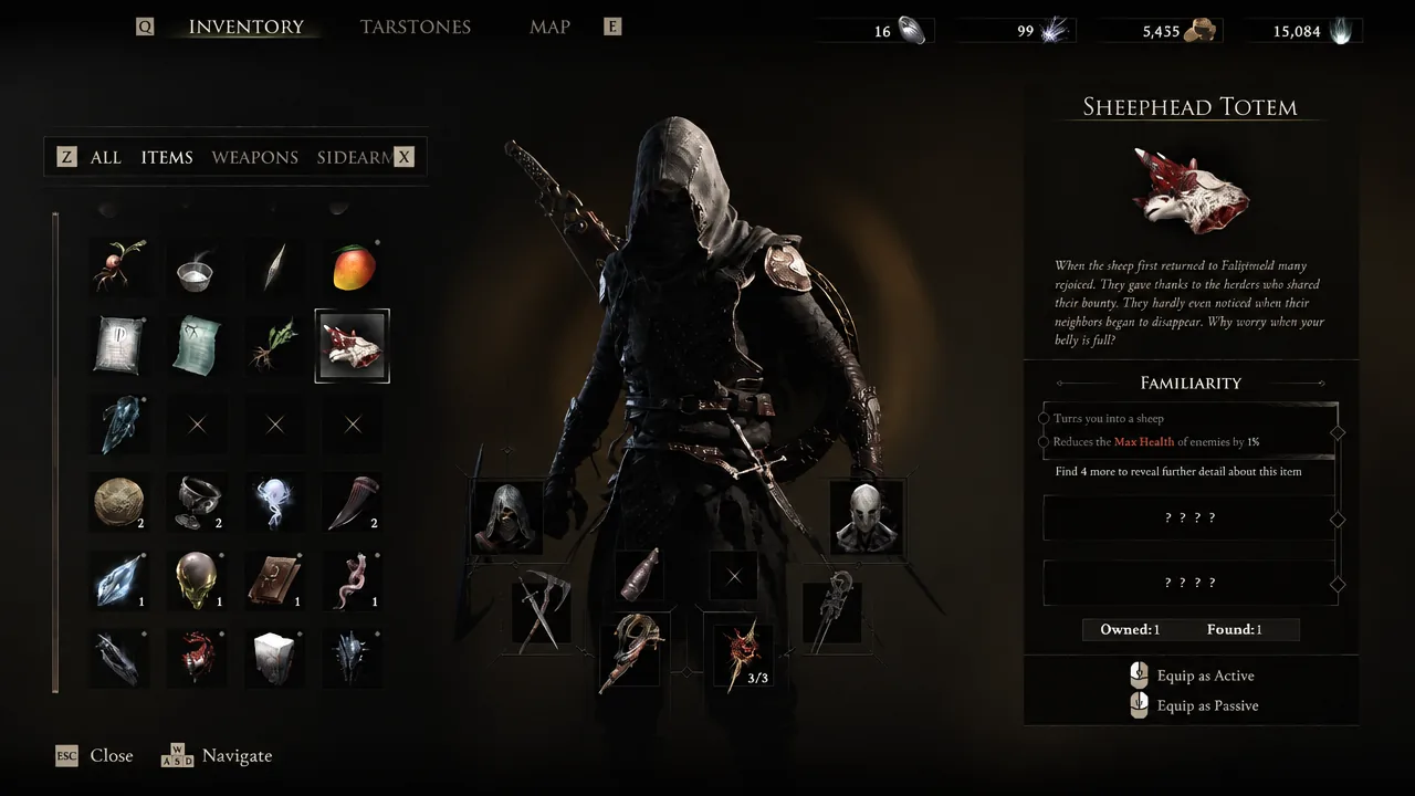 Inventory menu with the Sheephead Totem selected and its active and passive equip options shown