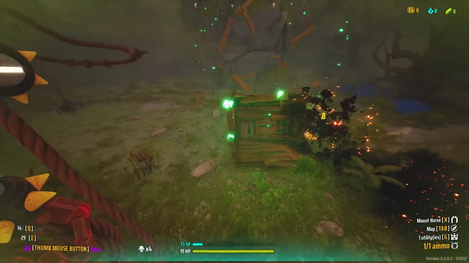 First-person combat in the Jungle beside a green-lit wooden structure, HUD and ammo counter visible