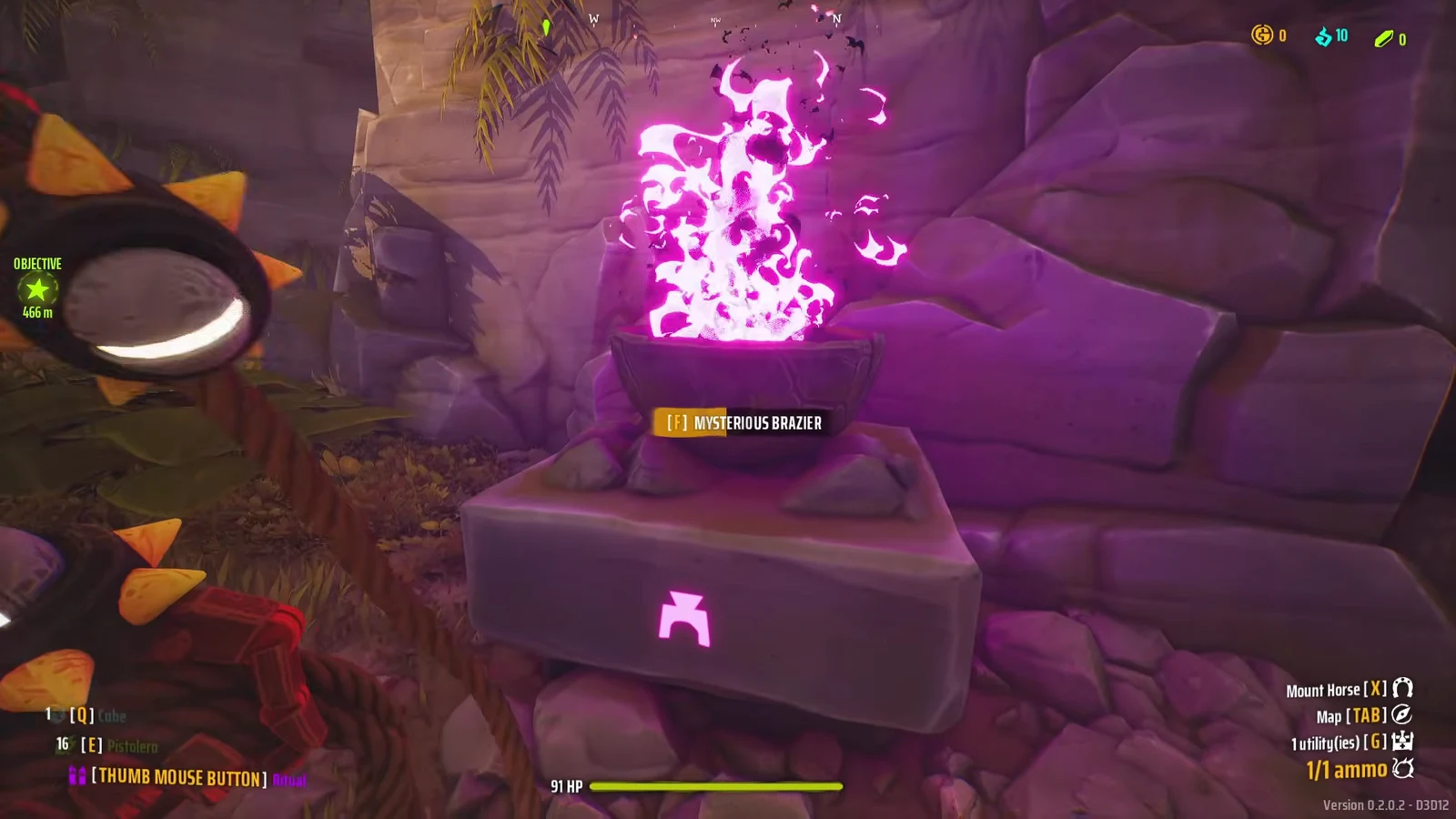 First-person view showing the F Mysterious Brazier interaction prompt on a flaming brazier