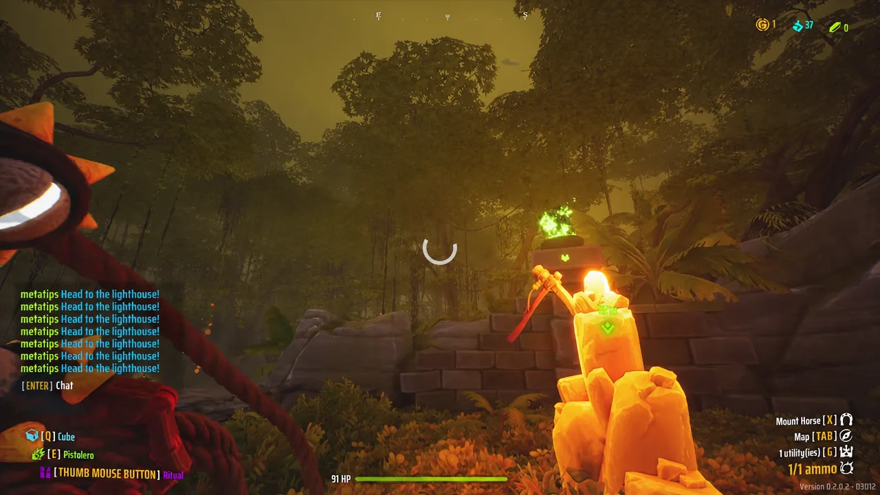 Gameplay with the Pistolero weapon equipped and a loading spinner in the center of the screen