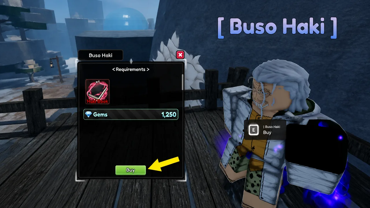 Buso Haki purchase window showing Haki Book and Gems requirements