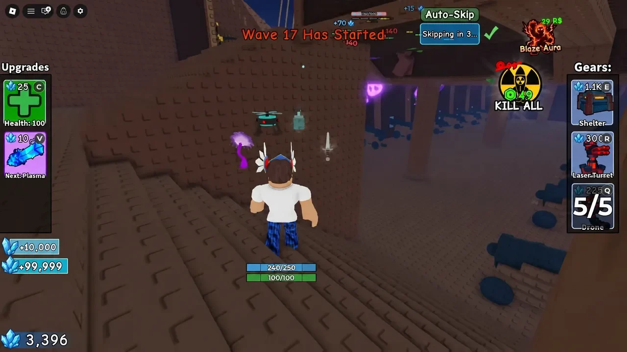 Wave progress climbing while safely clipped behind ship geometry, with Auto-Skip ready to advance the round. Image credit: Survive Zombie Arena
