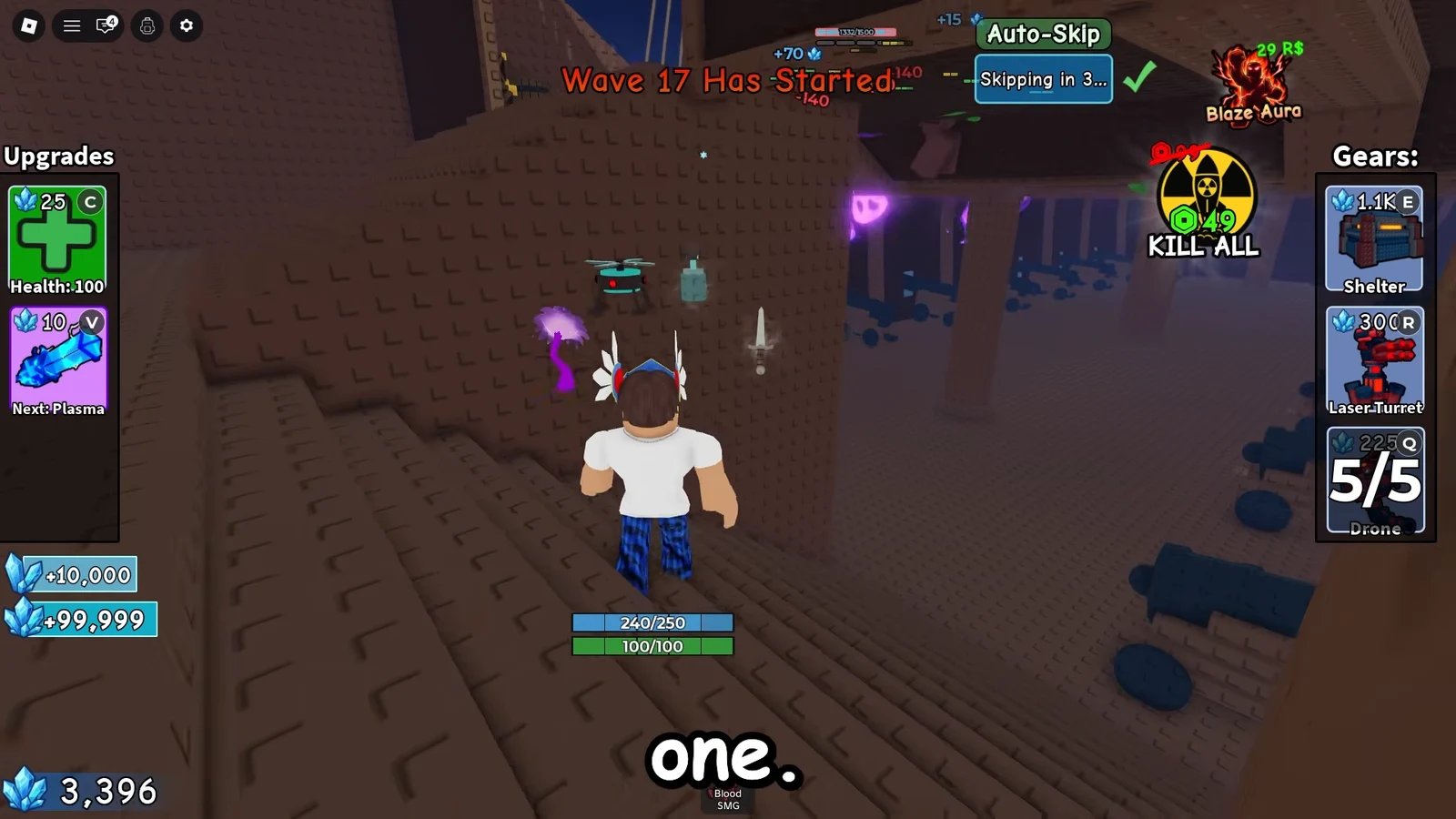 Wave 17 gameplay with the Auto-Skip control counting down to skip the next wave