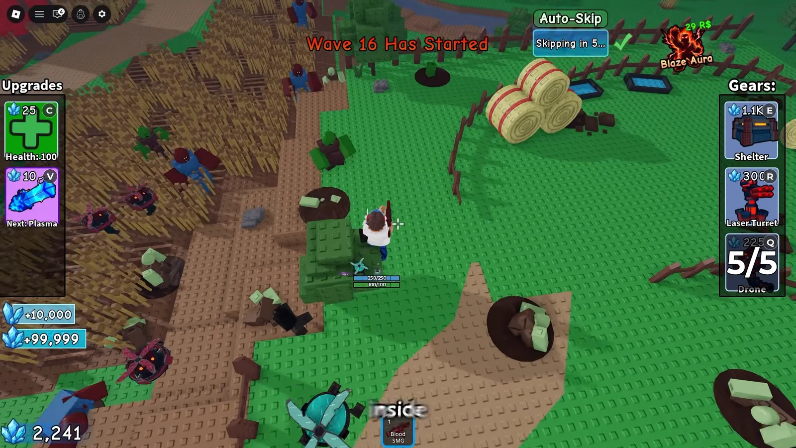Wave 16 Has Started message with an Auto-Skip button counting down five seconds