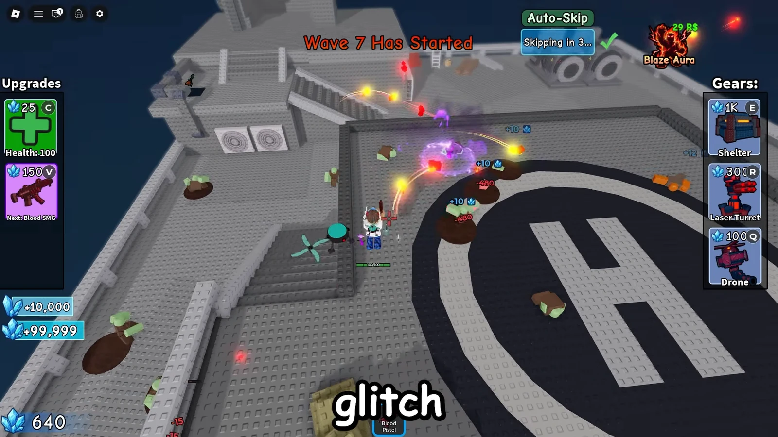 Wave 7 Has Started message with deployed defenses firing on zombies and an Auto-Skip countdown