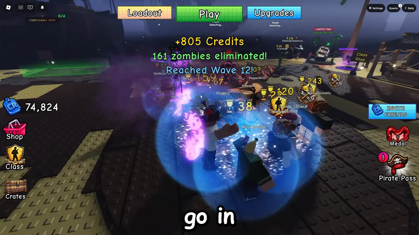 Roblox lobby showing Reached Wave 12 with players gathered in the central area