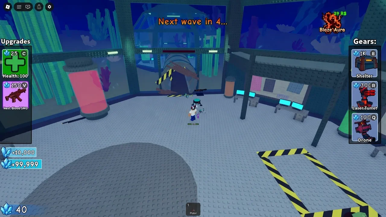 The base view on Atlantis with the Upgrade and Gears panels open between waves, ready to buy another Shelter. Image credit: Survive Zombie Arena