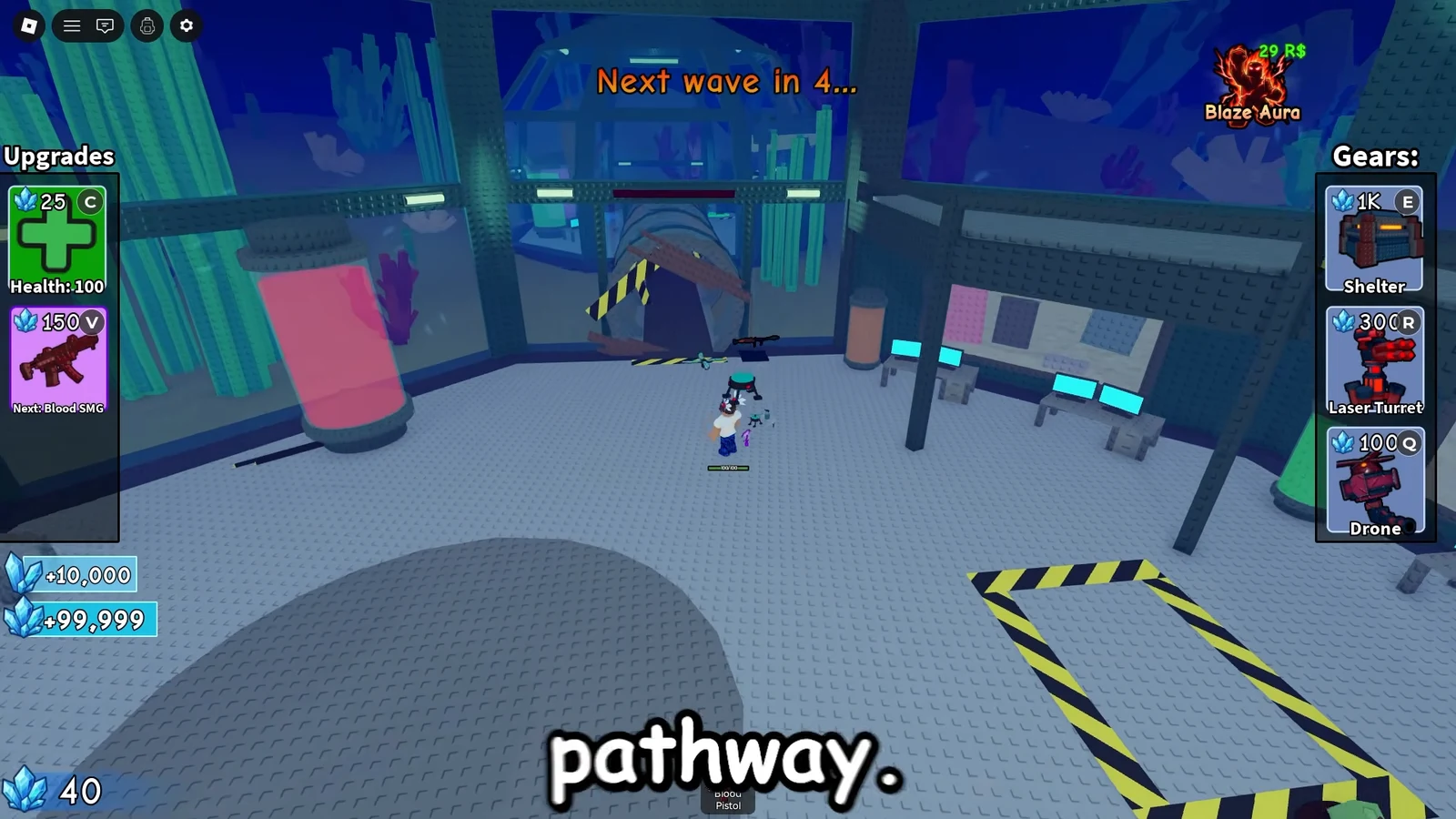 Next wave in 4 countdown with the player in the base and Upgrade and Gears panels visible