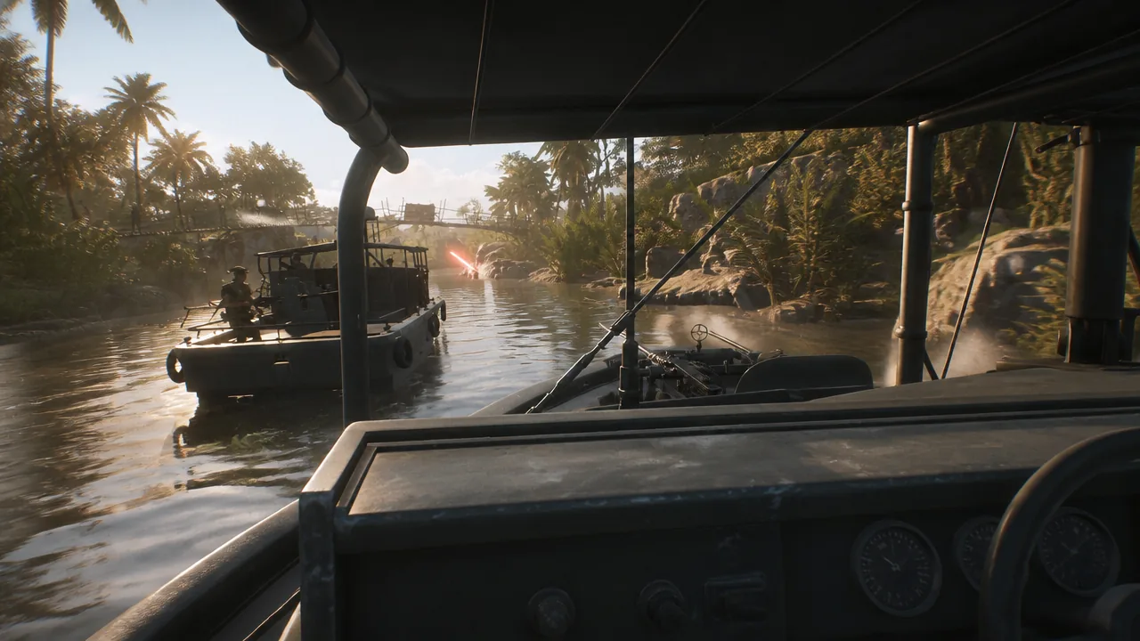 First-person view from a patrol boat cockpit following another boat along a jungle river