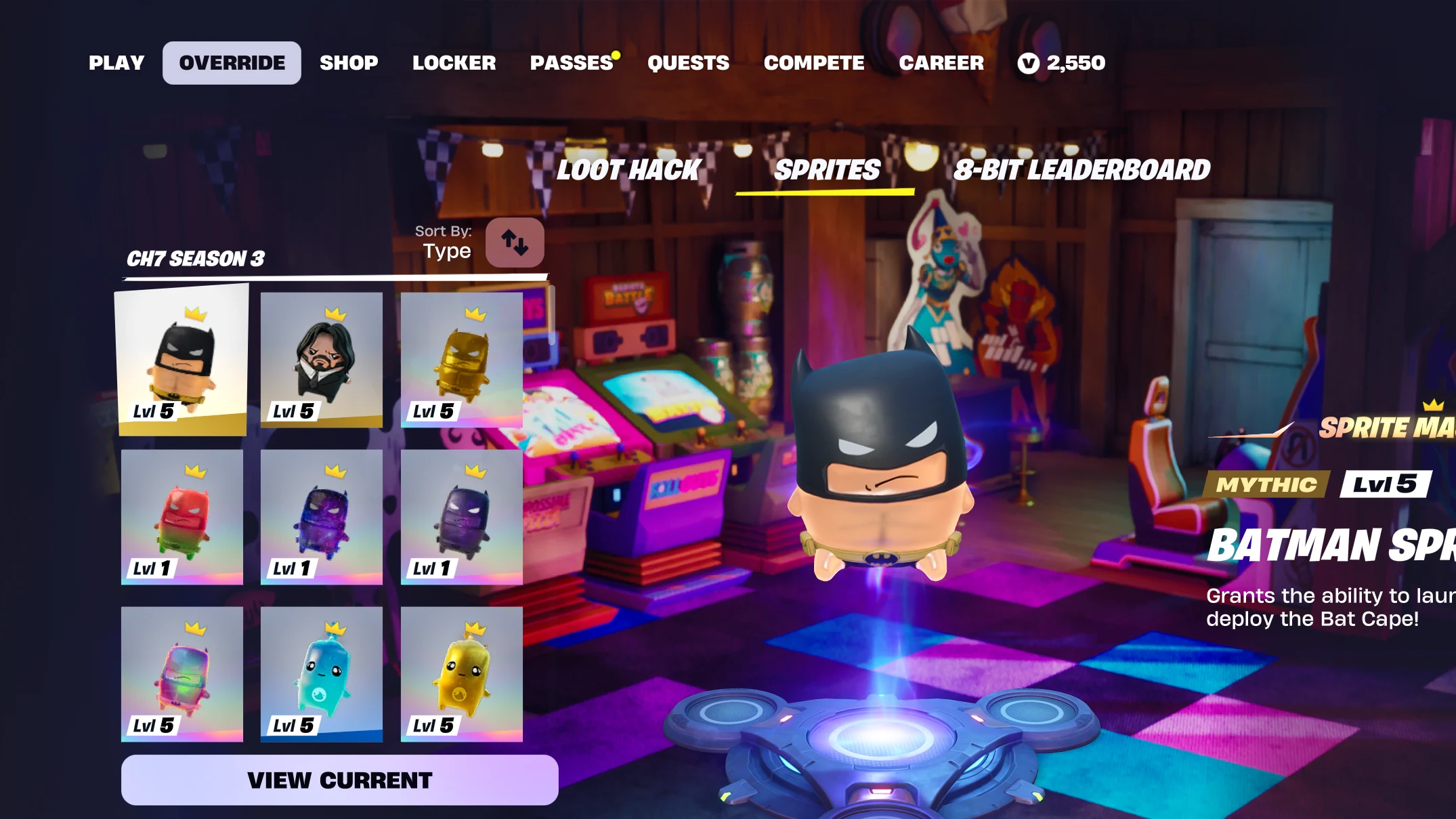 Fortnite lobby showing the Override tab with the Sprites menu and the View Archive option