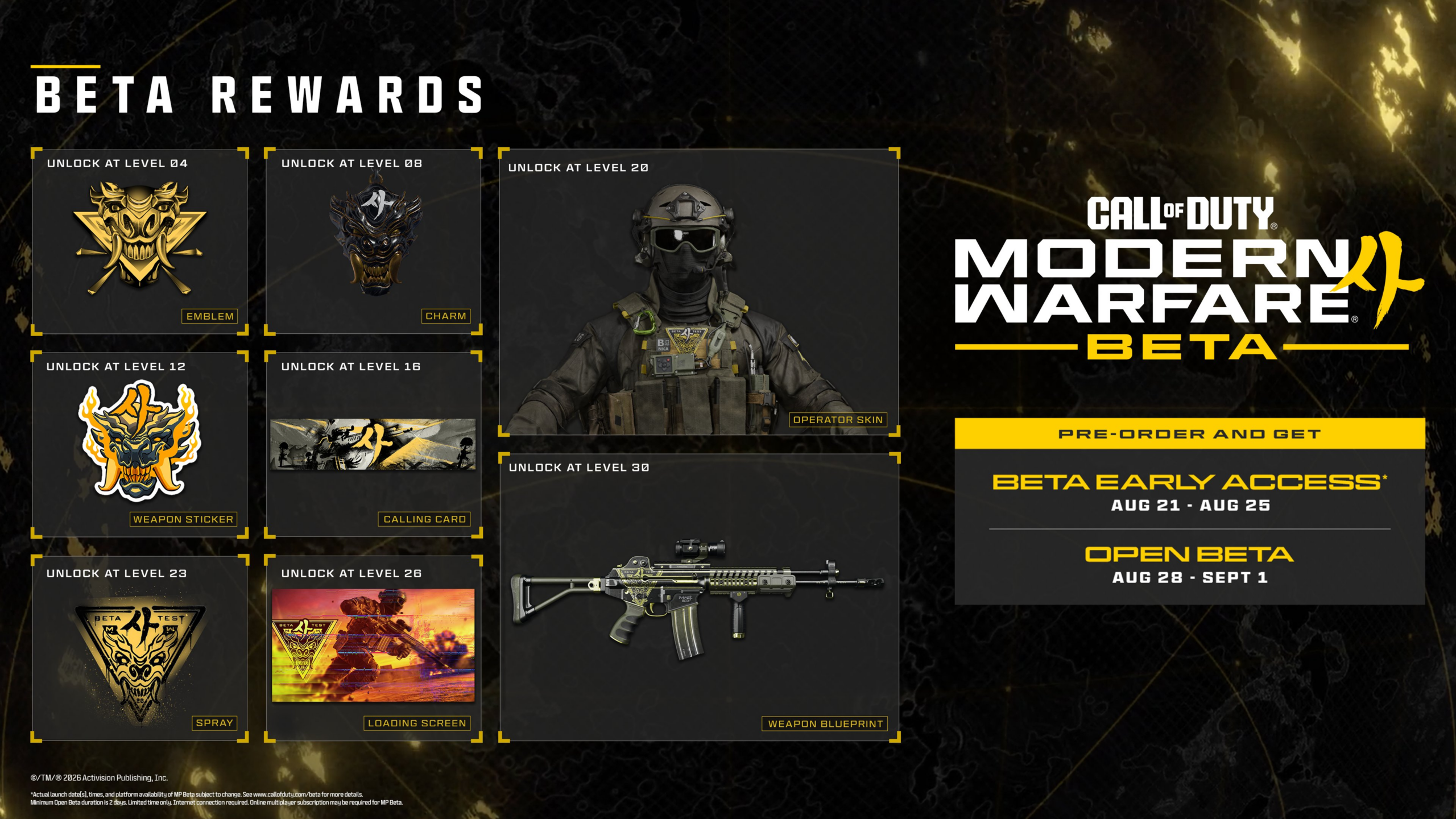 The full set of eight Modern Warfare 4 beta rewards laid out with their level requirements