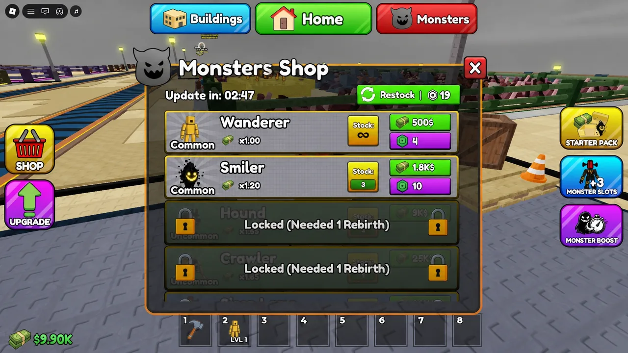 Monsters Shop showing Wanderer and Smiler with stock counts and purchase prices