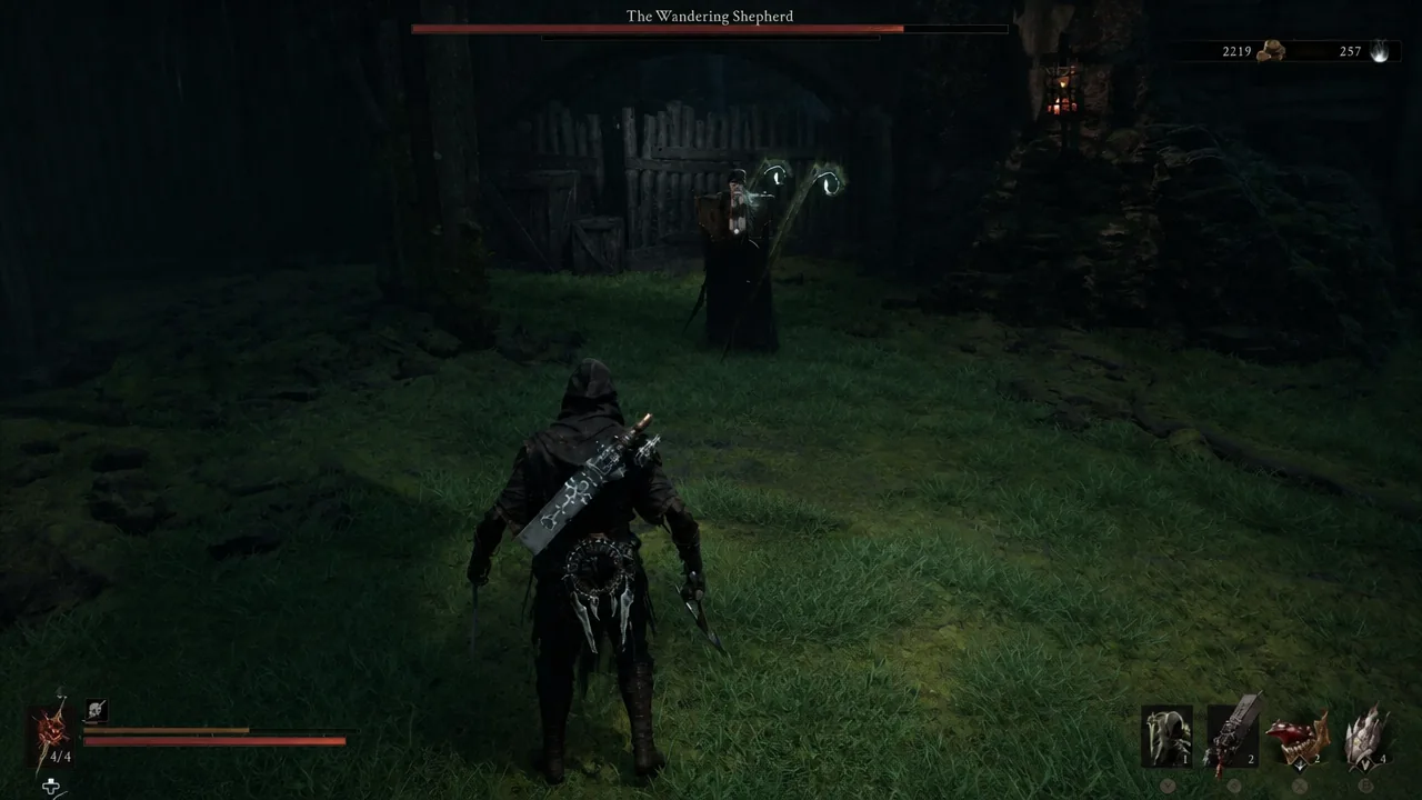 The Wandering Shepherd boss health bar appears as the player approaches in a dark grassy clearing