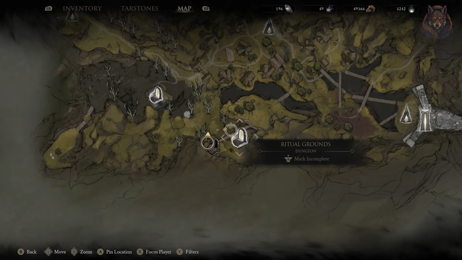 Map screen with the Ritual Grounds dungeon near Mushroom Village highlighted for entry