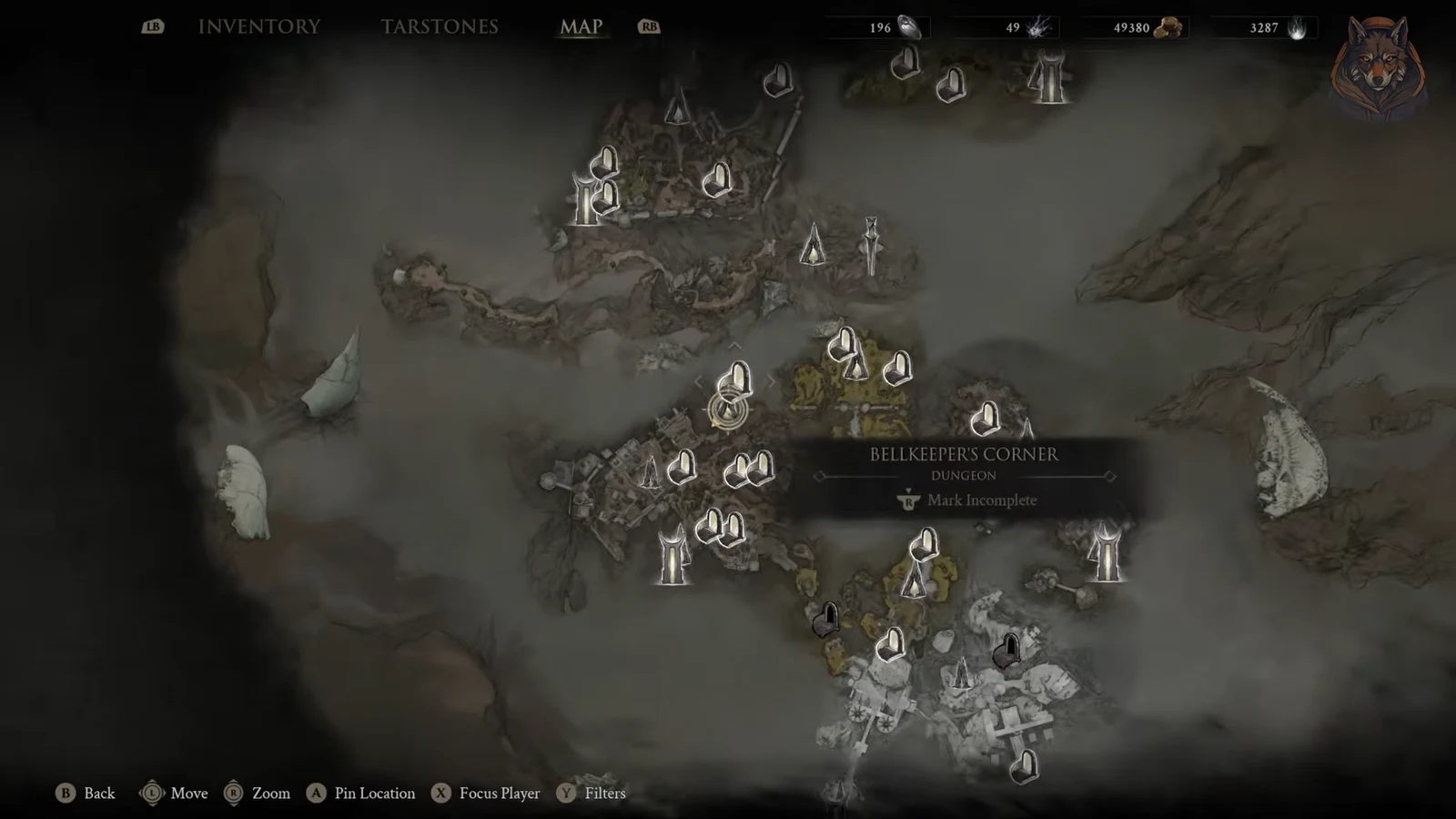 Map screen highlighting the ruined outpost location where The Collector merchant appears at night