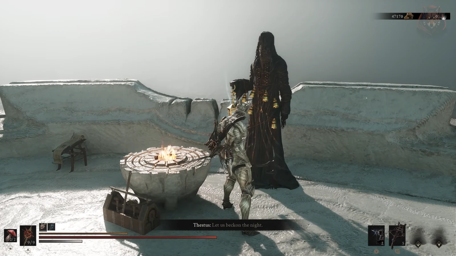 Player speaking with Thestus beside a lit brazier at Marrow Keep to summon the night