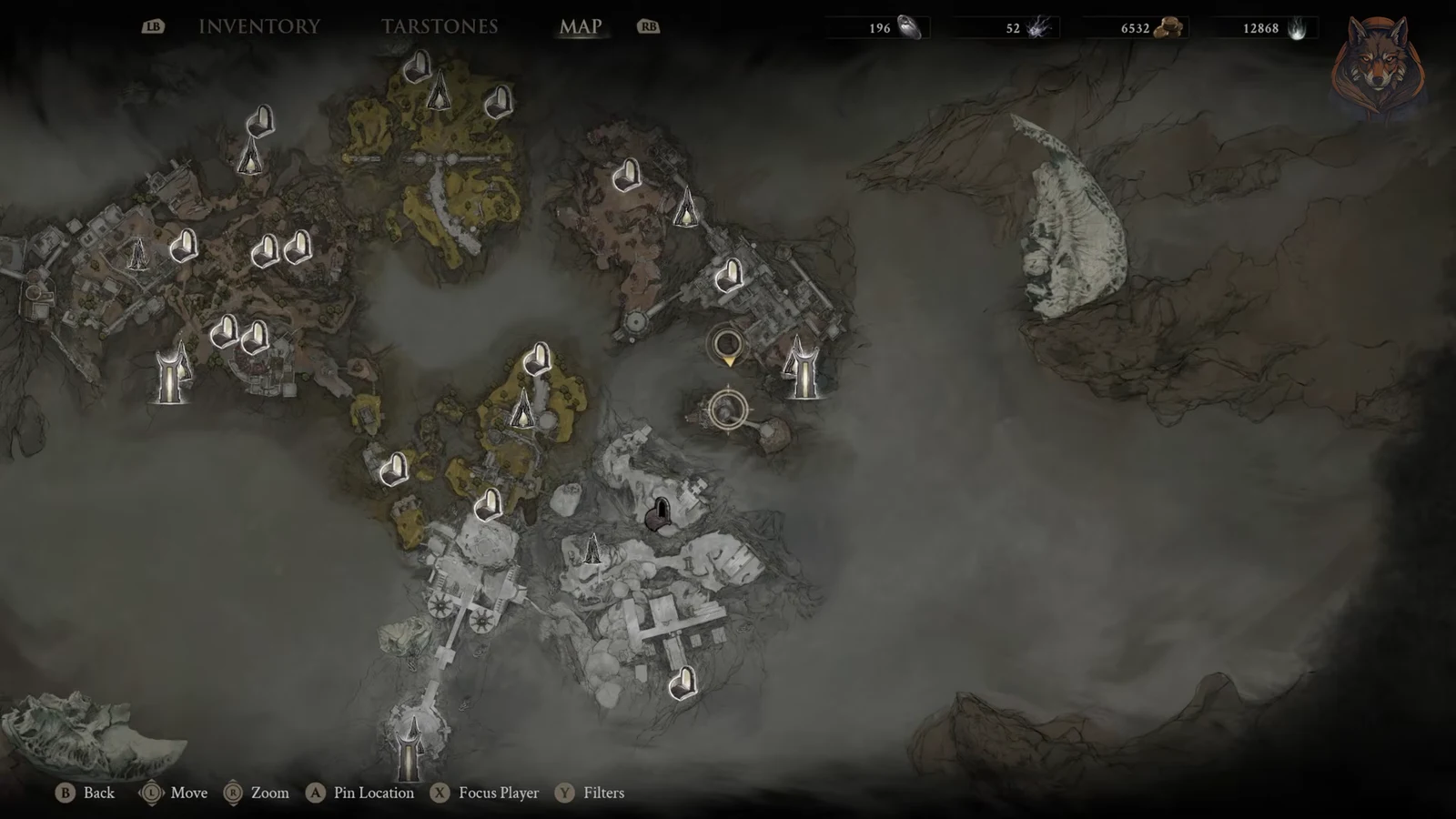 Map screen with the Forgotten Tower location marker highlighted near the center-right