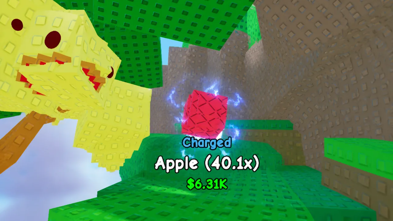 A charged red apple in Greedy Growers showing the Charged Apple label at 40.1x and a value of $6.31K
