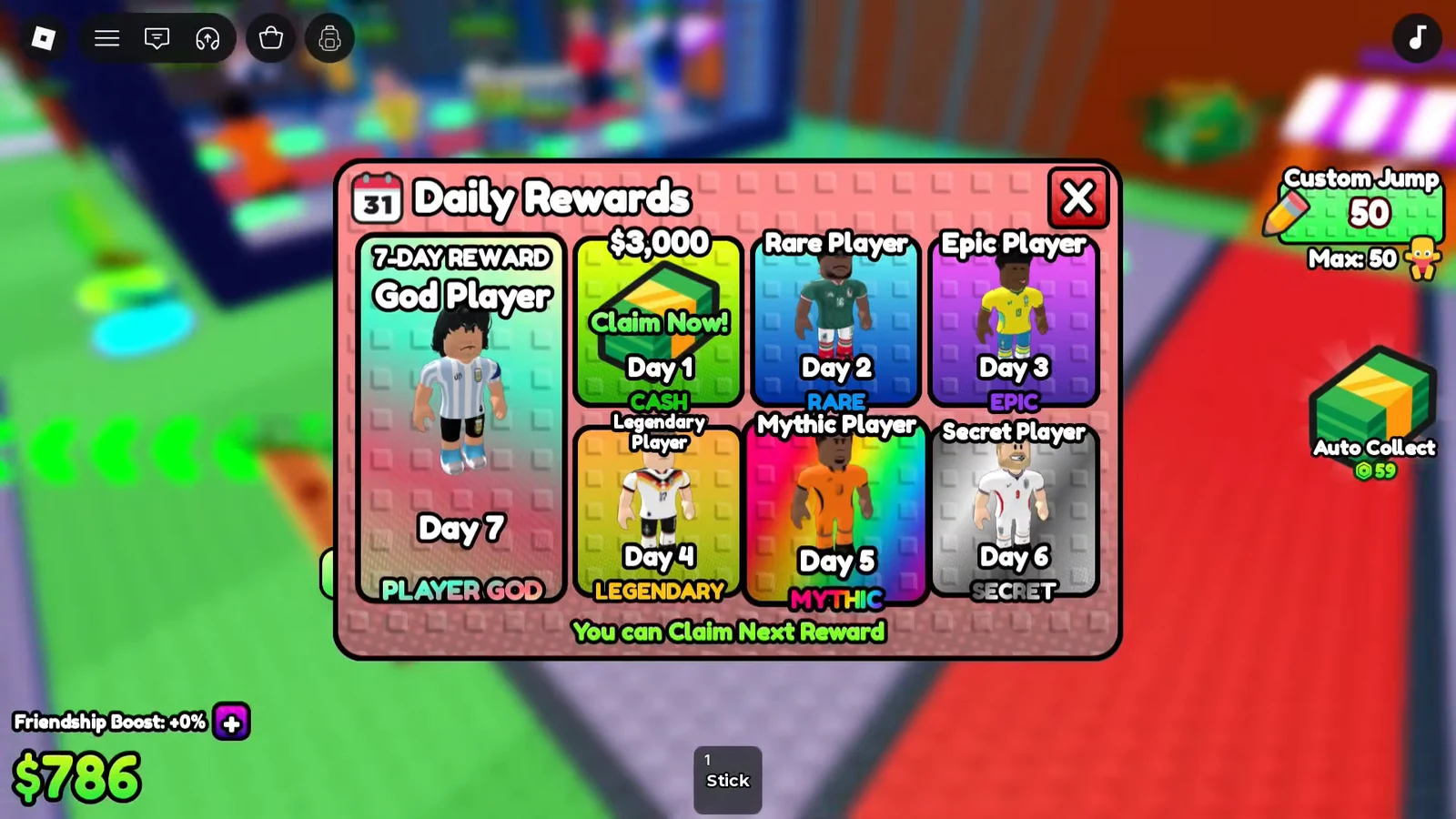 Daily Rewards menu showing Day 1 with a 3,000 cash reward and a Claim Now button