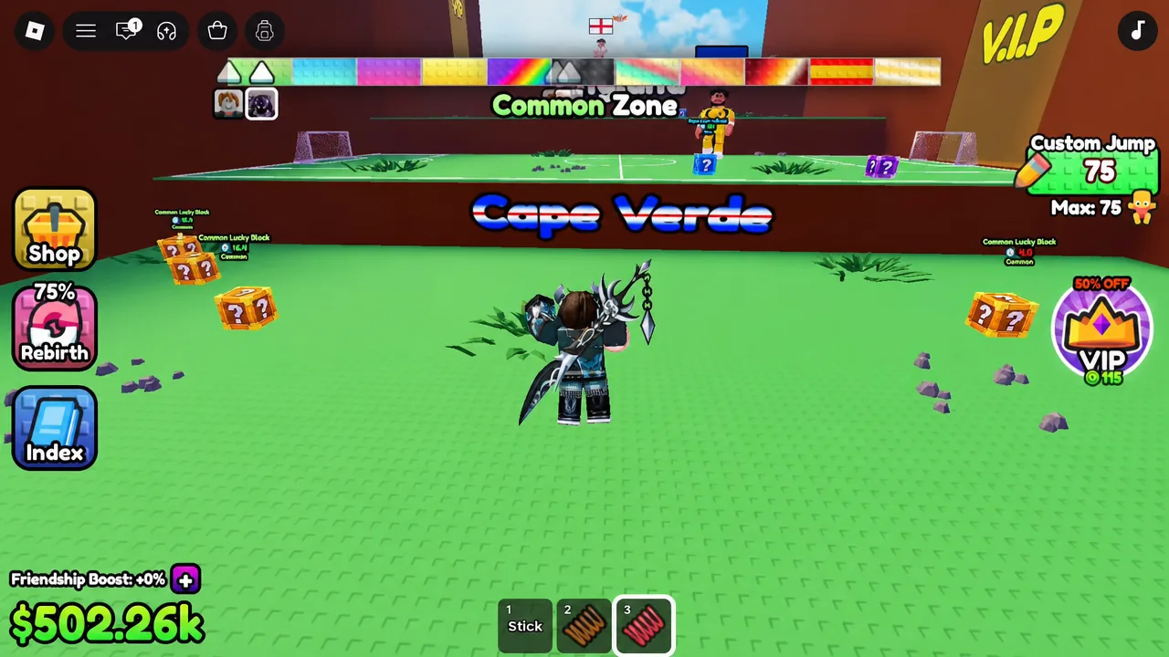 Cape Verde Common Zone with hotbar slot 3 highlighted as the avatar carries a captured block