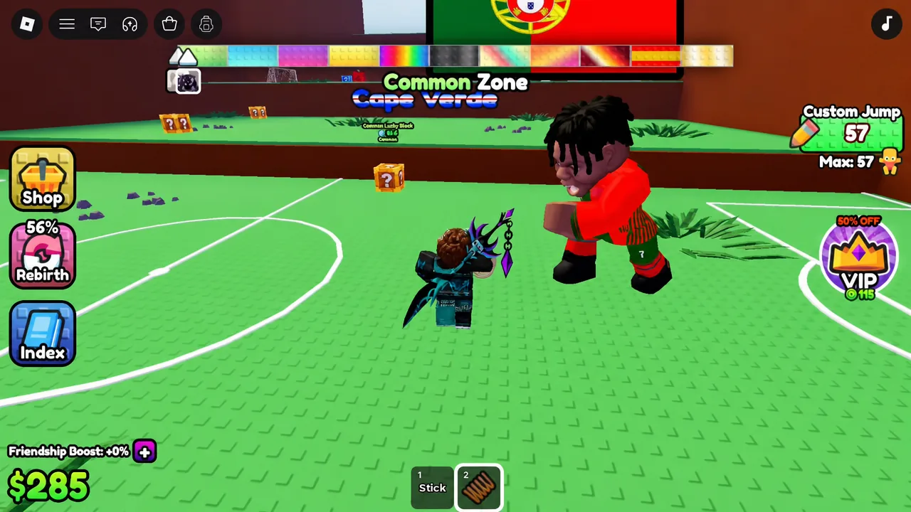 Player in the Cape Verde Common Zone with hotbar item 2 selected near a giant soccer avatar