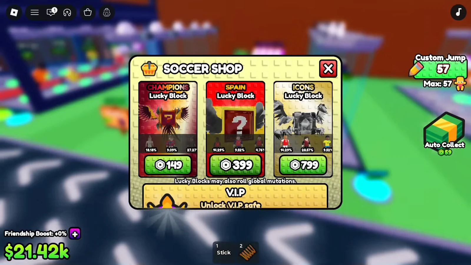 Soccer Shop menu showing Champions, Spain and Icons Lucky Blocks priced in Robux