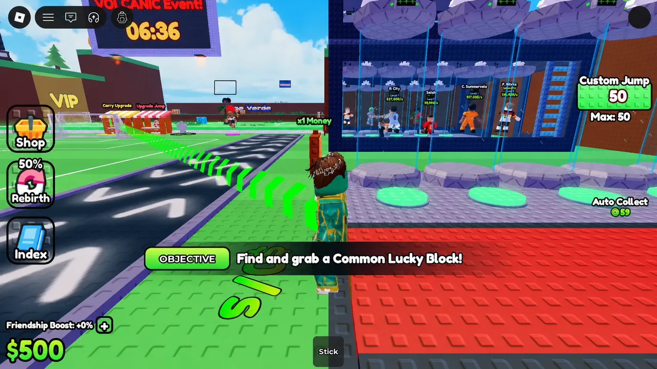 Objective banner telling the player to grab a Common Lucky Block on the soccer field