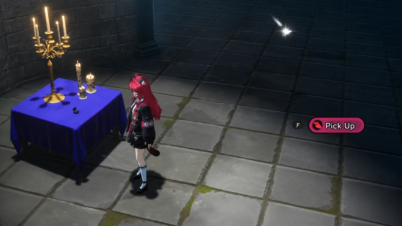 Pick up prompt shown next to the glowing ring on the candlelit table