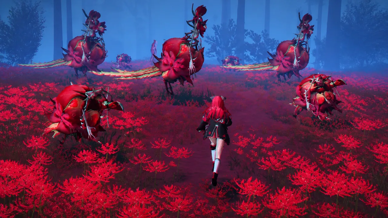 Character surrounded by oversized hostile flower creatures in a red bloom field