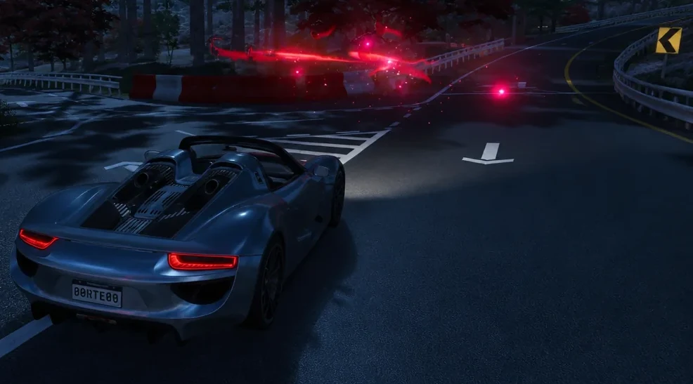 Car pulling up to a glowing red anomaly barrier on a winding mountain road at night