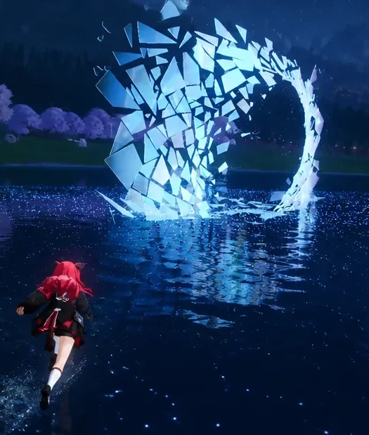 Player heading across Teardrop Lake toward the glowing shattered doorway at its centre