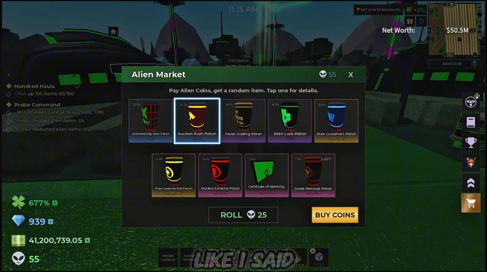 Alien Market menu open with Auction Rush Potion selected and a Roll button for 25 Alien Coins