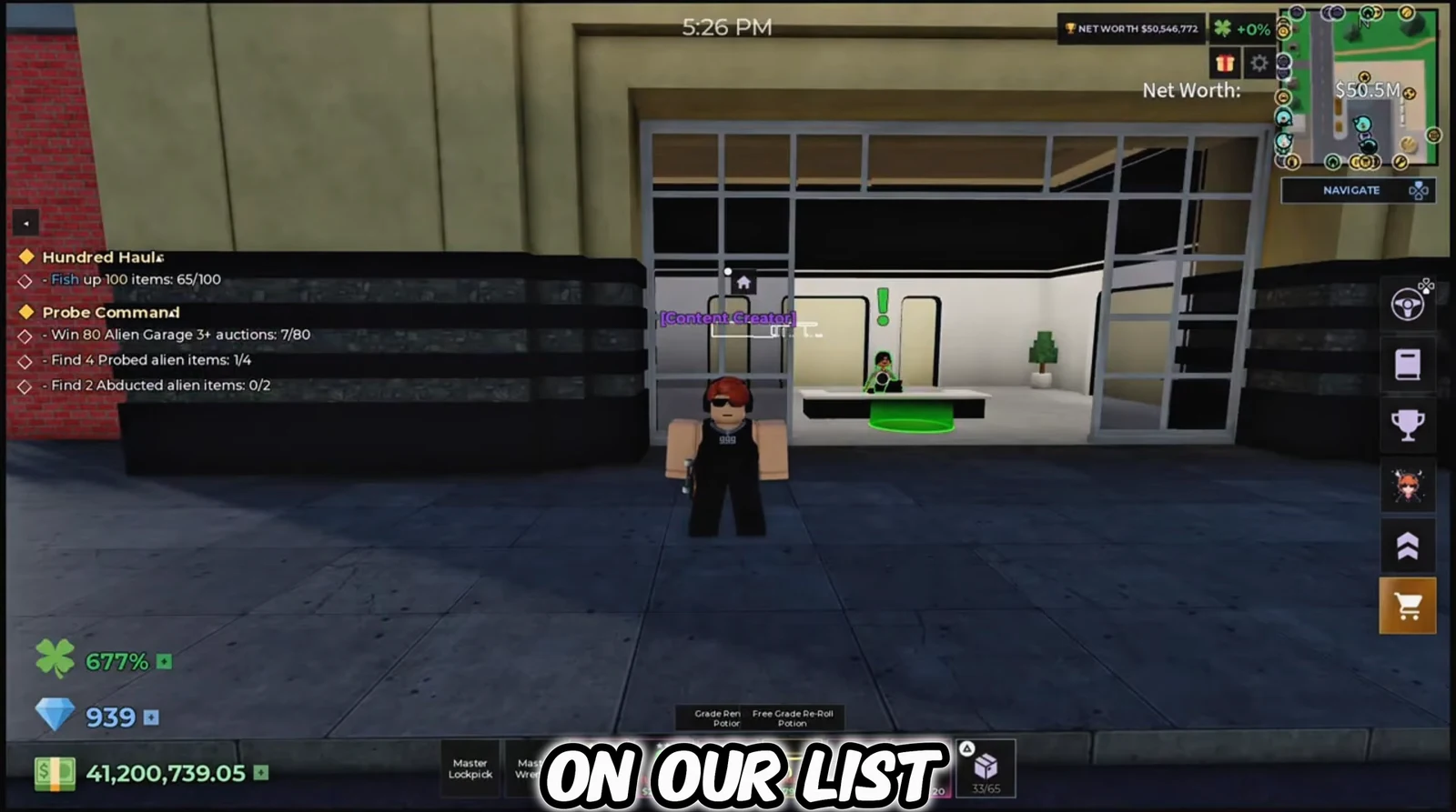 Content Creator NPC at a storefront entrance with a green exclamation quest marker
