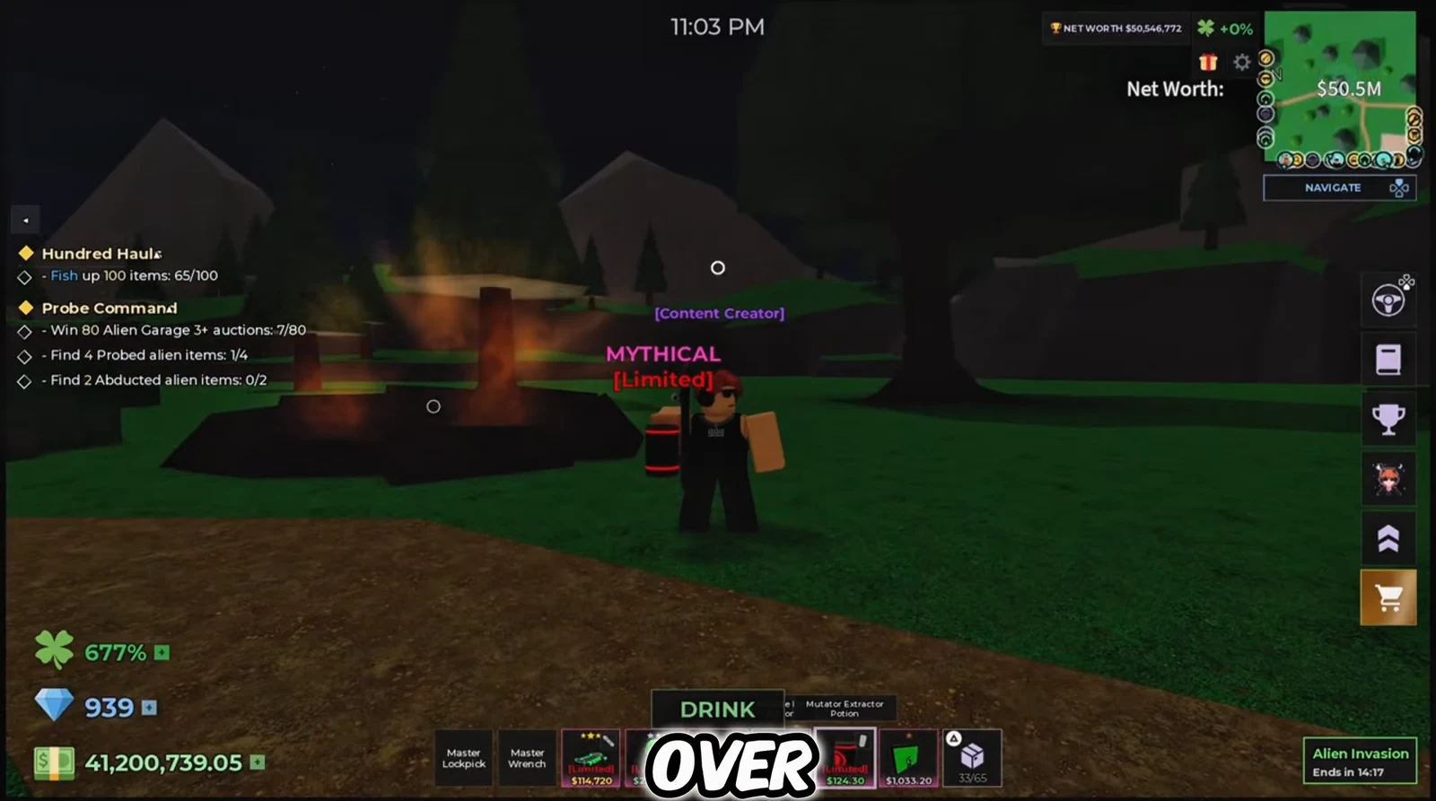 Game HUD with the bottom-center DRINK button used to consume the Mutator Extractor Potion