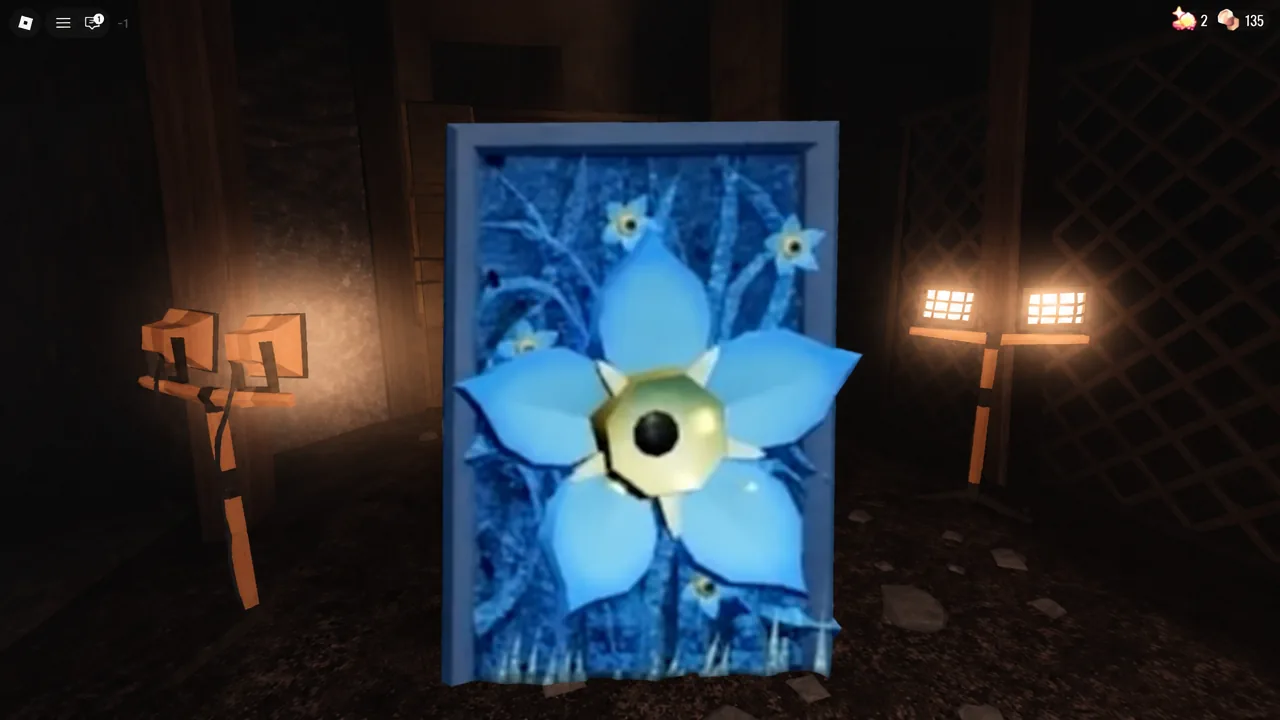 Player inspecting a blue flower painting on the wall during the Forget-Me-Not memory loop