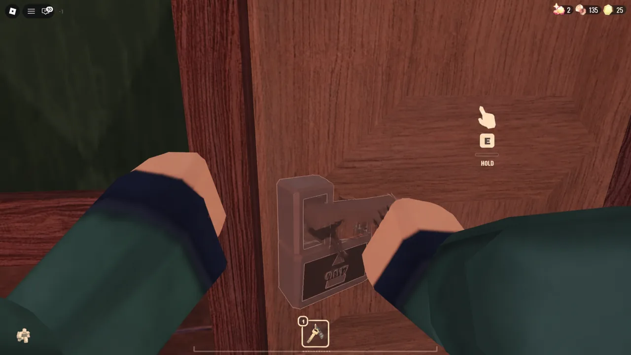 Door interaction prompt reading HOLD E as the player unlocks an Archives door