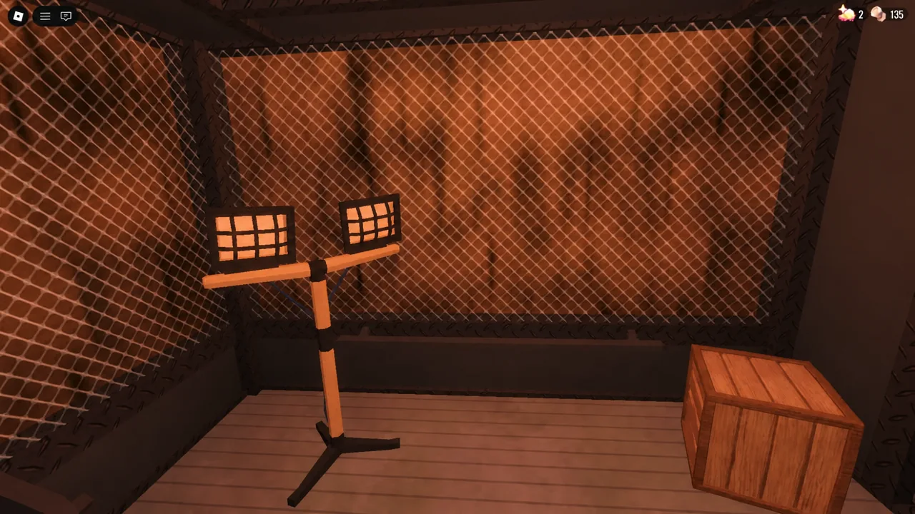 A fenced Archives room with a wooden crate and a racket stand during the Honcho puzzle sequence
