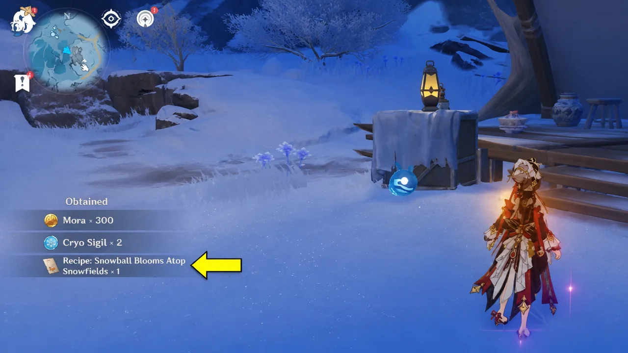 Obtained panel highlighting Recipe: Snowball Blooms Atop Snowfields x1 from a chest