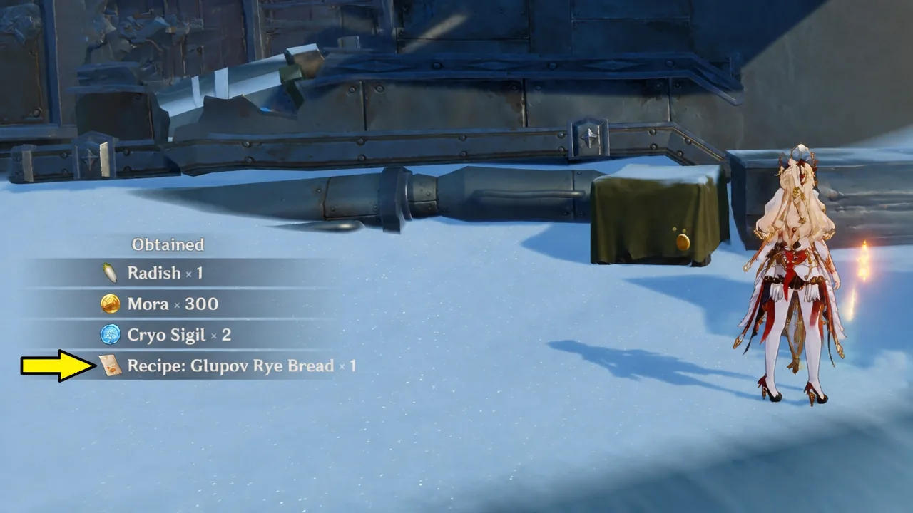 Obtained items screen showing Recipe: Glupov Rye Bread x1 from the train wreckage chest