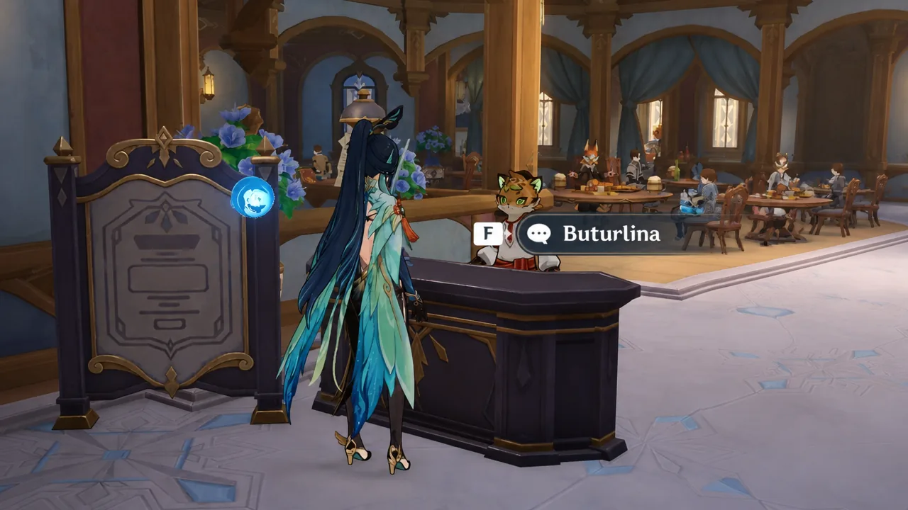 Interaction prompt for Buturlina at the Podvorye Restaurant reception counter in Snezhnograd